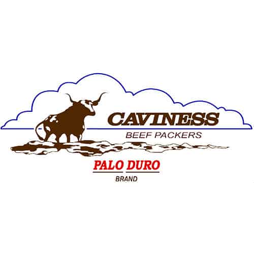 logo Caviness Beef Packers multicolore sur fond blanc dans une grande disposition carrée