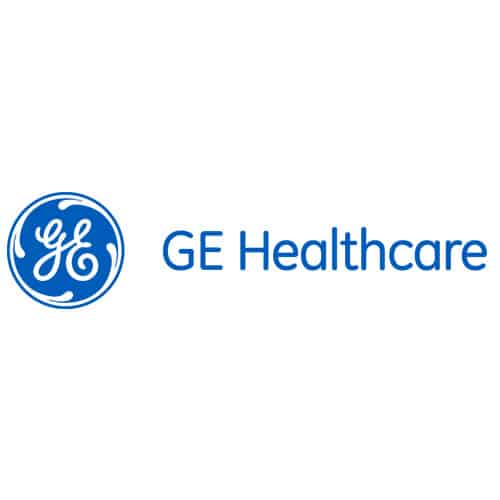 logo bleu de General Electric Healthcare sur fond blanc dans une grande disposition carrée
