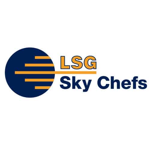 logo LSG Sky Chefs bleu foncé et orange sur fond blanc en grand format carré
